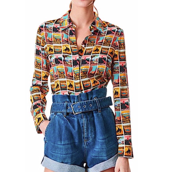 Alice + Olivia Western Postcard with Tag Print Silk Shirt Button-down Top - Picture 2 of 15